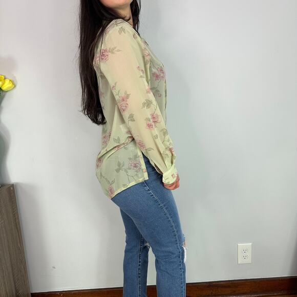 Rena Rowan Green Sheer Button Down Floral Blouse - Picture 3 of 7